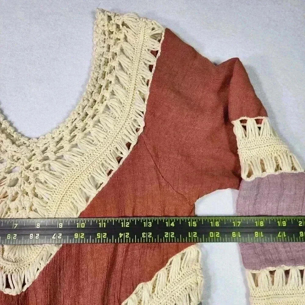 Women's Crochet Crinkle V-Neck Tunic Hippie BOHO Peasant‎ Coverup Earthy Blouse